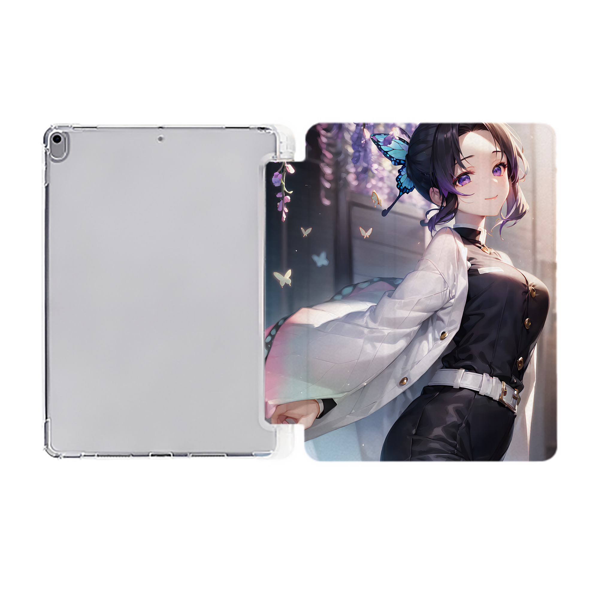 （画像用） 鬼滅の刃（きめつのやいば）蟲柱-胡蝶 しのぶ／こちょう しのぶ Kochou Shinobu IPad ケース ペン収納付き 三つ折りスタンド PUレザー×シリコン 対応機種9.5/10.5/10.9インチ